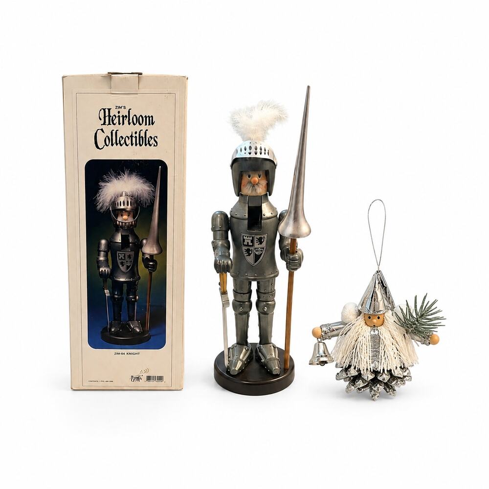VTG Retired Zim’s Heirloom Knight Nutcracker 16” Silver w Box & Ornament Rare